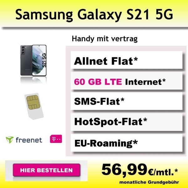 Smartphone Handy mit Vertrag Samsung Galaxy S21 Handytarif Allnet Flat 60 GB LTE