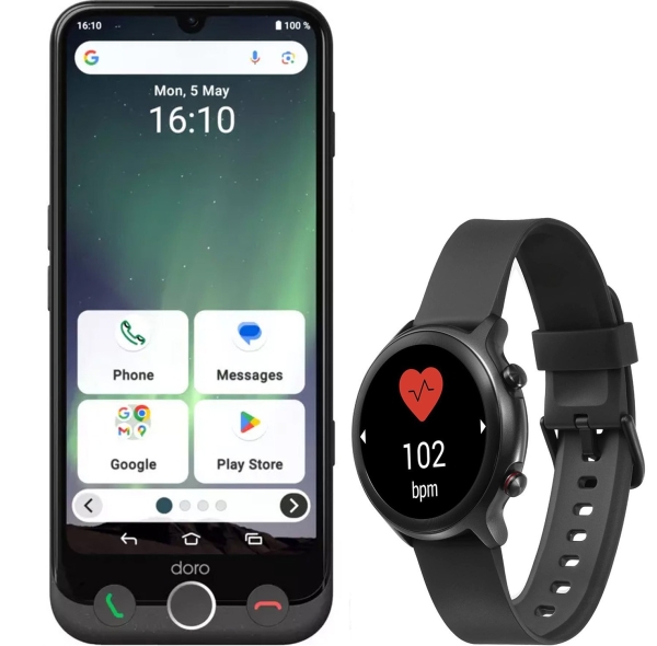 Doro Aurora A30 Smartphone + Doro Uhr – Schwarz – Entsperrt – für Senioren