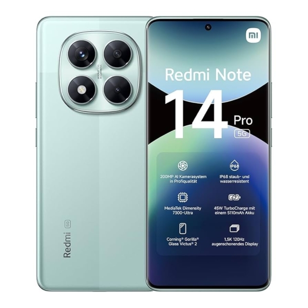 Xiaomi Redmi Note 14 Pro 5G Smartphone, 8+256GB, Grün, 200MP Kamera