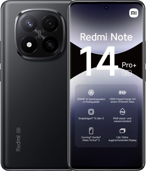 Redmi Note 14 Pro+ 5G 8GB + 256GB Midnight Black Smartphone – Xiaomi