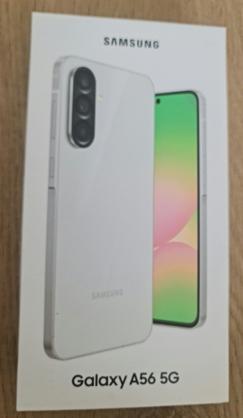 Samsung A56 5G Smartphone 256GB entsperrt, genial hellgrau verpackt.