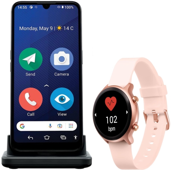 Doro 8200 Smartphone schwarz + Doro Watch – pink – entsperrt – für Senioren