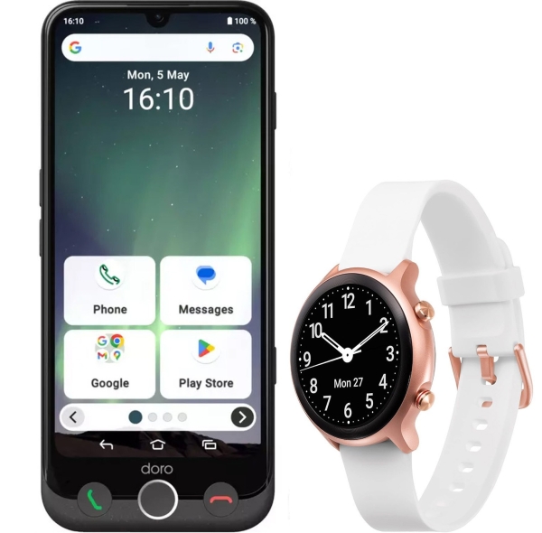 Doro Aurora A30 Smartphone + Doro Uhr – Weiß – Entsperrt – für Senioren