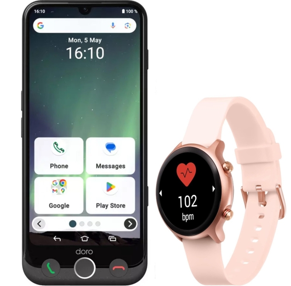 Doro Aurora A30 Smartphone + Doro Uhr – Pink – Entsperrt – für Senioren