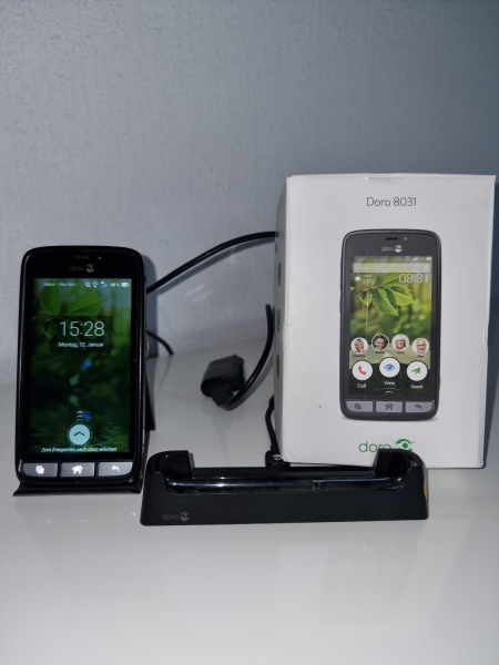 Senioren Smartphone Doro 8031 mit Ladestation in schwarz , 144 g, ohne sim lock