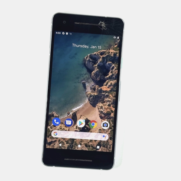 Google Pixel 2 64GB Kinda Blue entsperrt Display geplatzt funktioniert einwandfrei 636