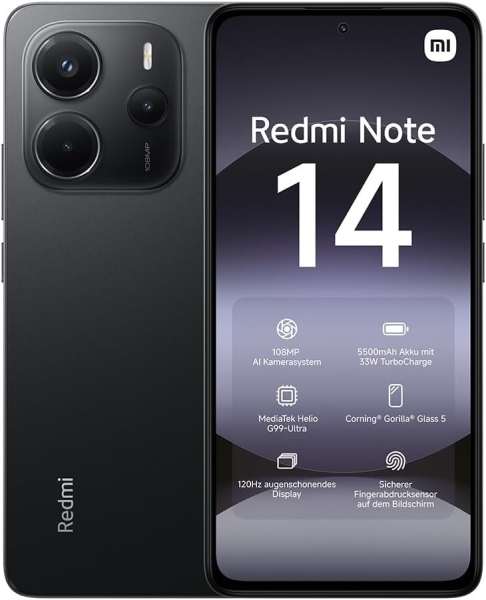Xiaomi Redmi Note 14 Smartphone, 6+128GB, Schwarz, 108MP AI Kamerasystem, 5500mAh