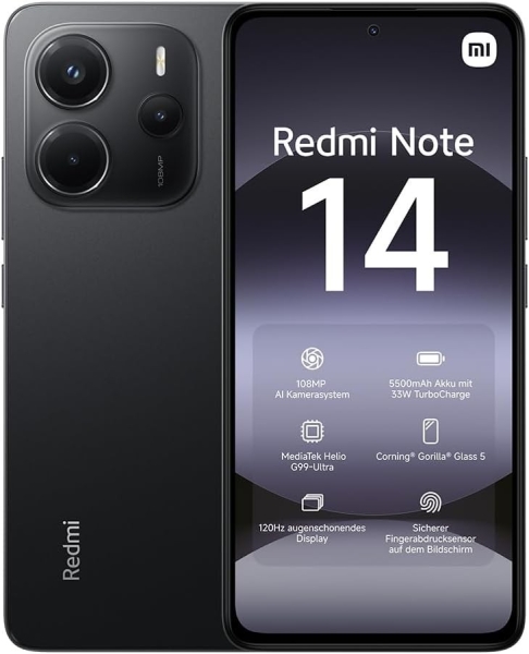 Xiaomi Redmi Note 14 Smartphone, 8+256GB, Schwarz, 108MP AI Kamerasystem