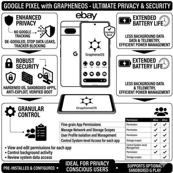 DeGoogled Google Pixel 7 Pro 128GB entsperrt Grapheneos Privacy Smartphone B+ Con