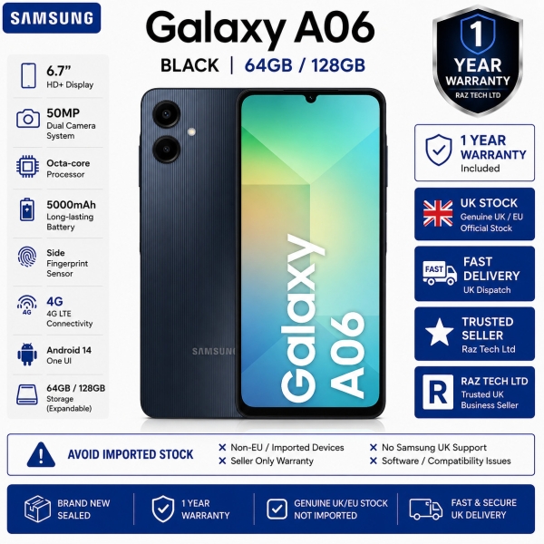 Neu Samsung Galaxy A06 – 128GB Dual Sim 4G – entsperrt Smartphone schwarz