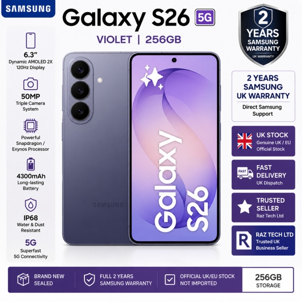 Neu Samsung Galaxy S26 6,3″ 256GB 5G SIM-frei 2 Jahre Samsung UK Garantie violett