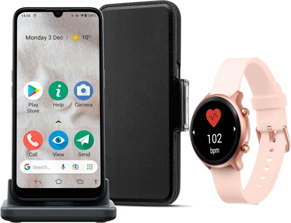 Doro 8100 Pus Uhr, Geldbörse, Halterung – Smartphone für Senioren – entsperrt – pink