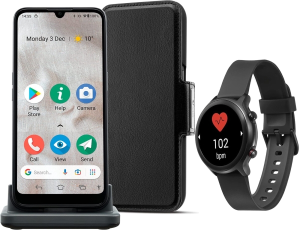 Doro 8100 Pus Uhr, Geldbörse, Halterung – Smartphone für Senioren – entsperrt – schwarz