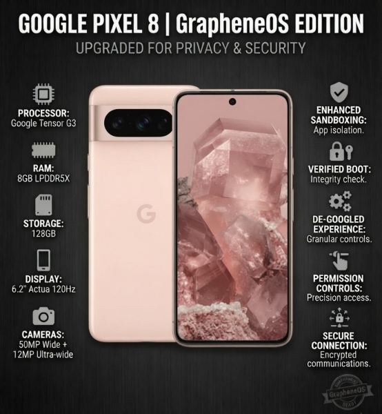 DeGoogled Google Pixel 8 128GB entsperrt Grapheneos Privacy Smartphone B+ Zustand