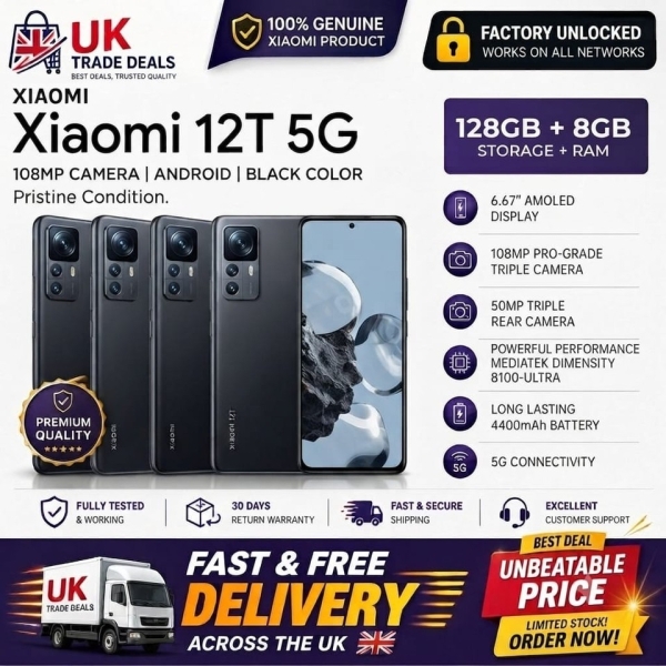 Xiaomi 12T 5G 128GB Dual SIM entsperrt Android Smartphone 108MP Kamera – makellos