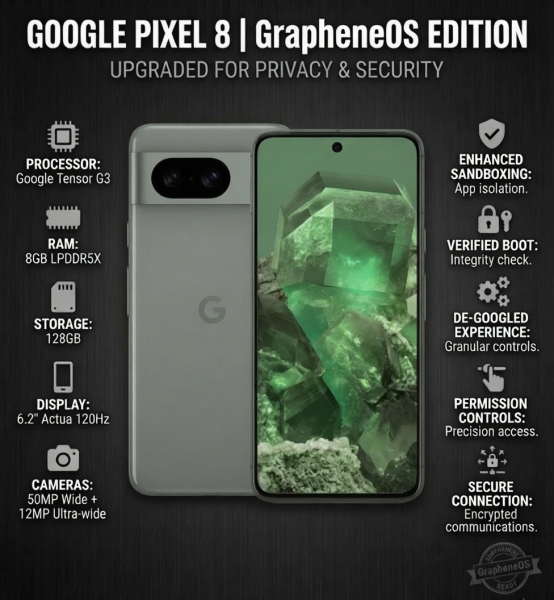 DeGoogled Google Pixel 8 128GB entsperrt Grapheneos Privacy Smartphone guter Zustand