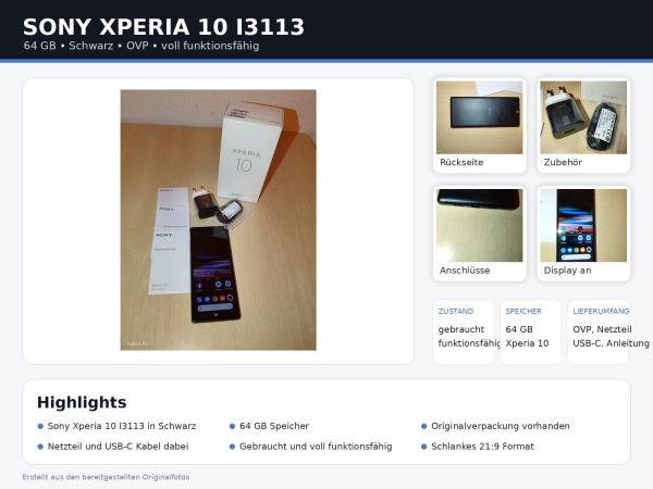 Sony Xperia 10 I3113 Smartphone | 64 GB | Schwarz | OVP | Voll funktionsfähig