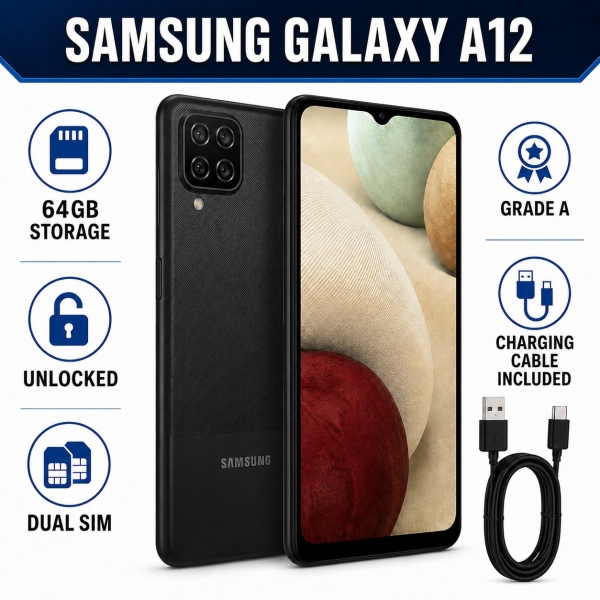 Samsung Galaxy A12 64GB Handy Smartphone Dual Sim entsperrt – Schwarz Grade A