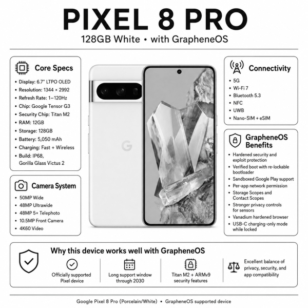 DeGoogled Google Pixel 8 Pro 128GB entsperrt Grapheneos Privacy Smartphone B+ Con