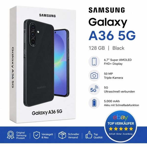 Samsung Galaxy A36 Smartphone, 128GB, 6.70 Zoll, Dual SIM, 50MP, 5G, Schwarz