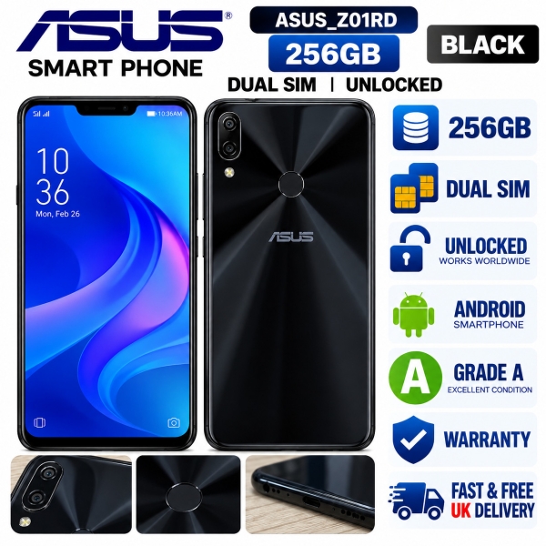 ASUS SMARTPHONE, ASUS_Z01RD 256GB, SCHWARZ, DUAL SIM, ENTSPERRT, A KLASSE. FAST