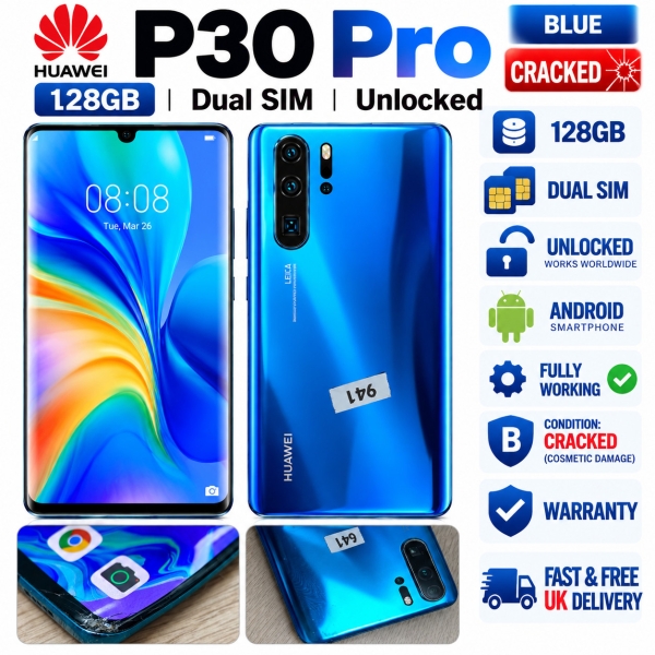 HUAWEI P30 PRO 128GB Dual SIM entsperrt Android Smartphone RISSIG Garantie blau
